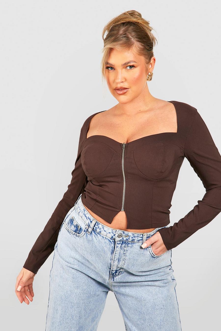 Top a corsetto Plus Size in bengalina con zip, Chocolate image number 1