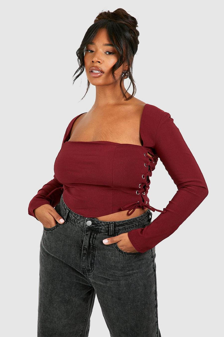 Burgundy red Plus Bengaline Lace Up Square Neck Corset Top