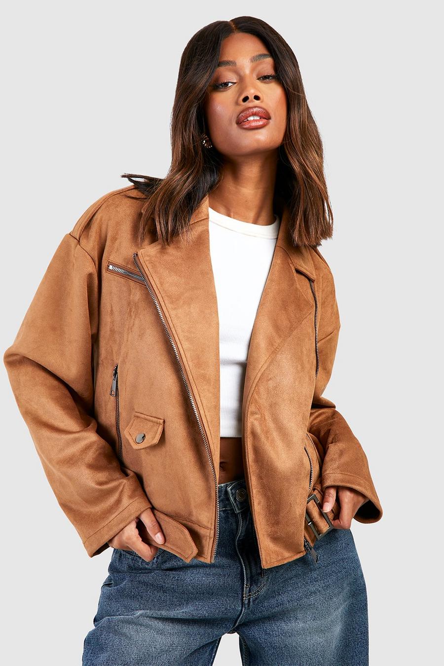 Tan Oversized Faux Suede Moto Jacket image number 1