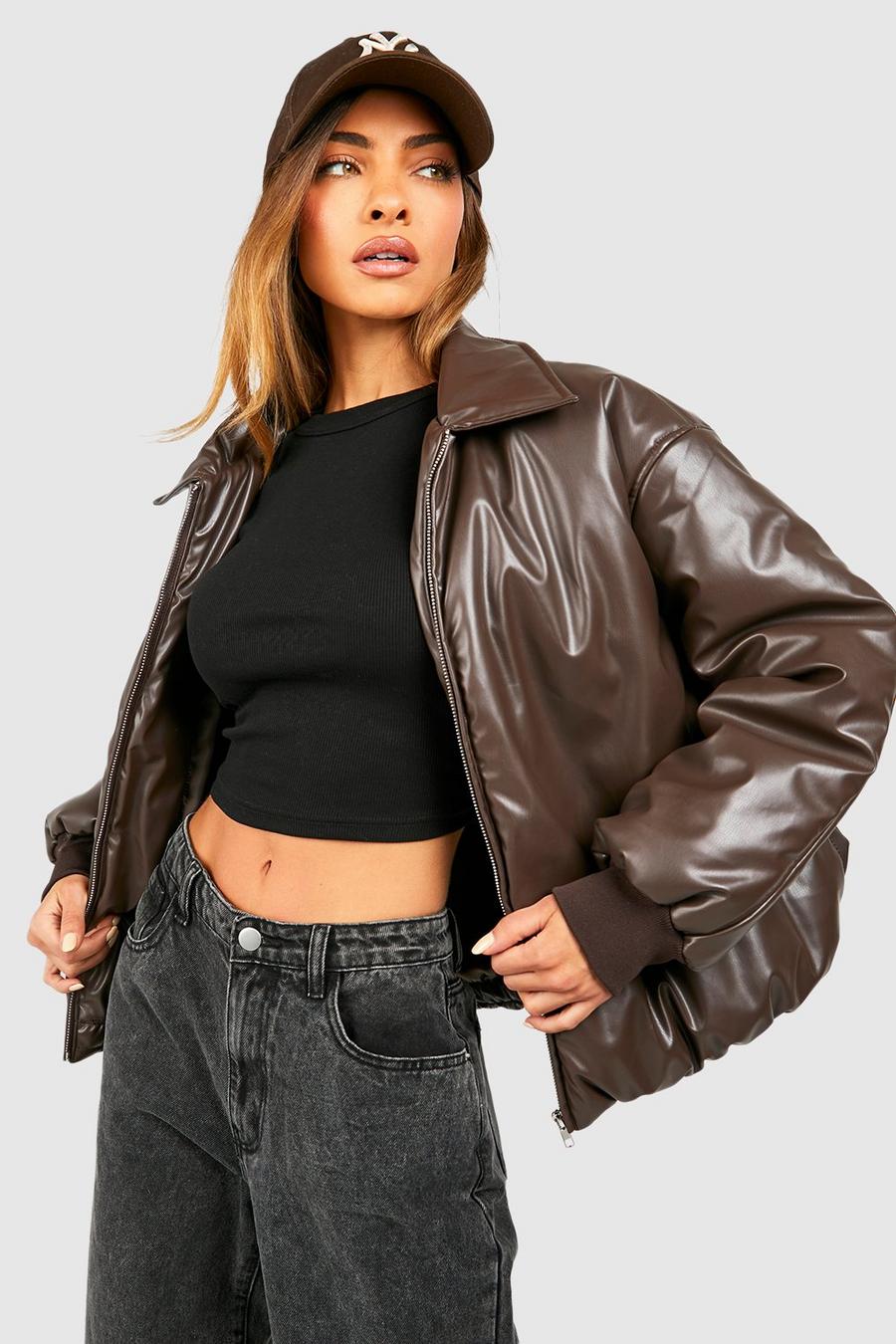Chocolate brown Padded Faux Leather Bomber Jacket 
