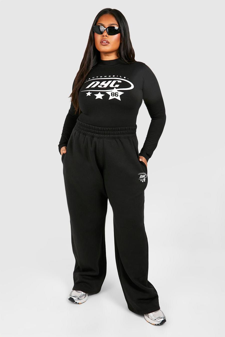 Set Plus Size body con slogan NYC Motorsport & pantaloni tuta, Black