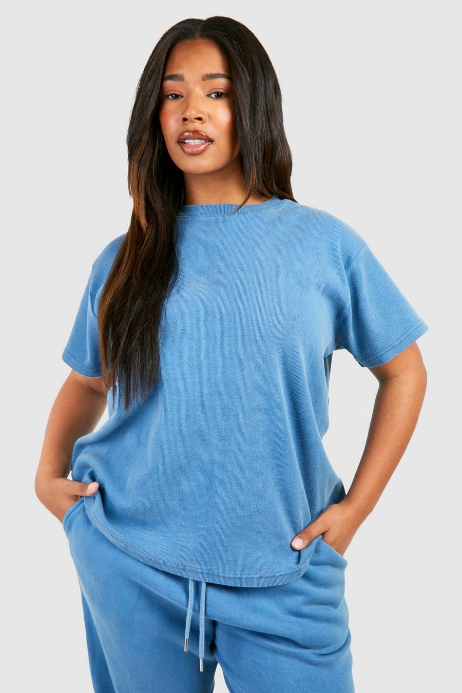 Denim-blue Plus Oversize t-shirt med tvättad effekt image number 1