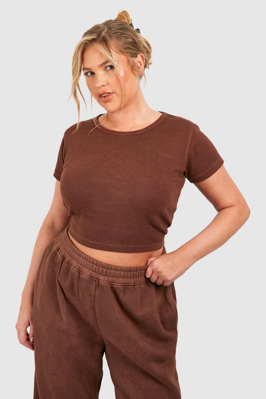T-shirt Plus Size slavata a girocollo a coste, Chocolate image number 1