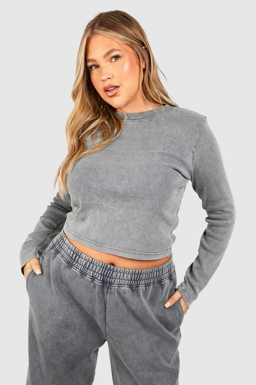 Charcoal Plus Washed Long Sleeve Crew Neck Rib Top