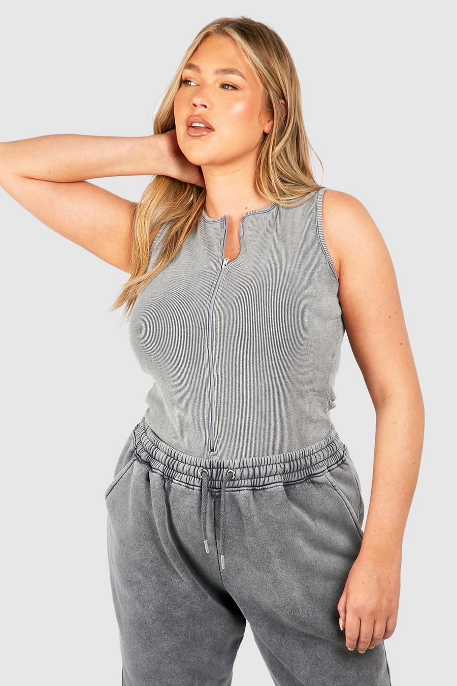 Charcoal Plus Washed Seam Zip Through Bodysuit  image number 1