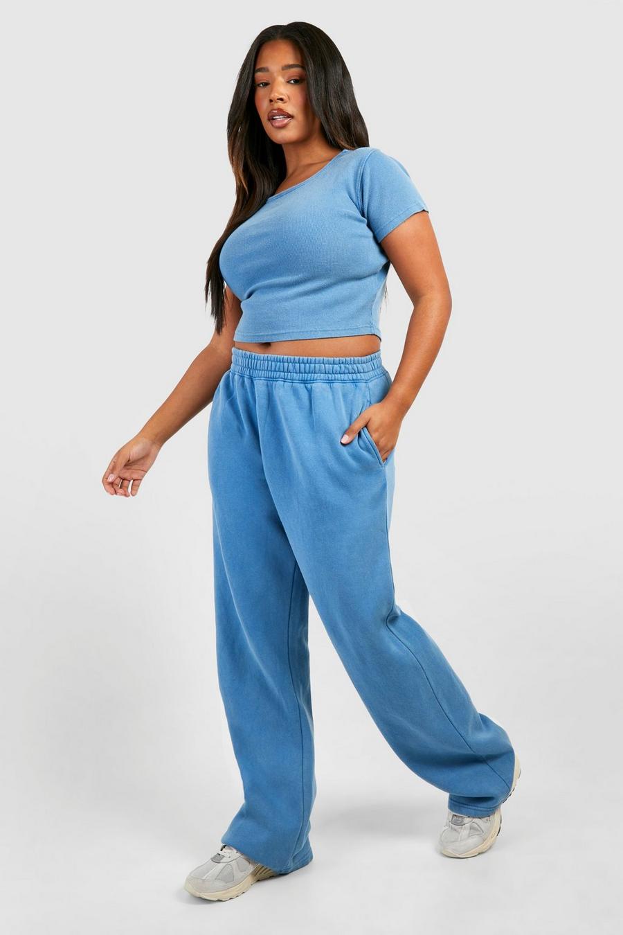 Pantaloni tuta dritti Plus Size slavati, Denim-blue image number 1