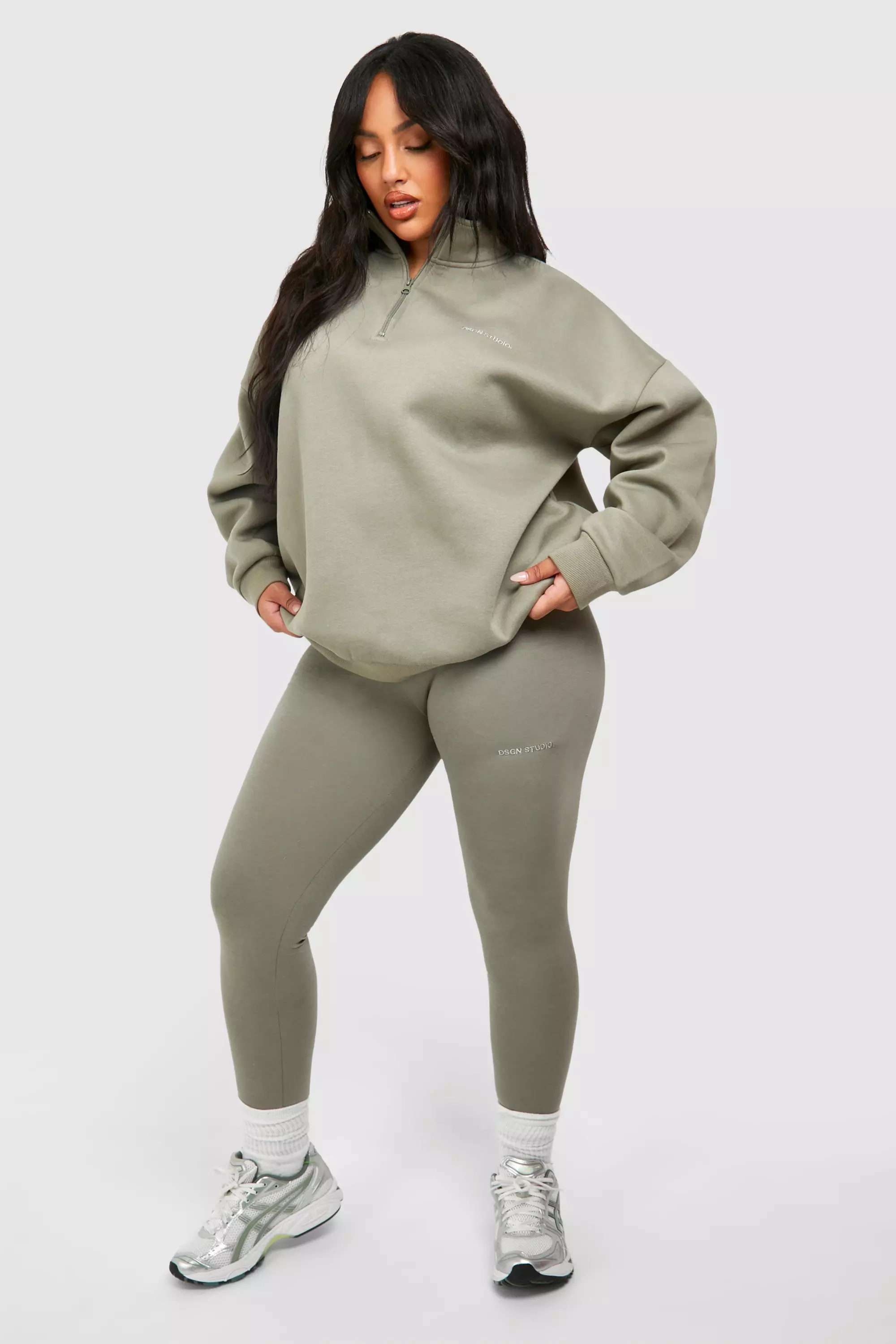 Washed khaki Plus Oversized Half Zip And Legging Set صورة بديلة