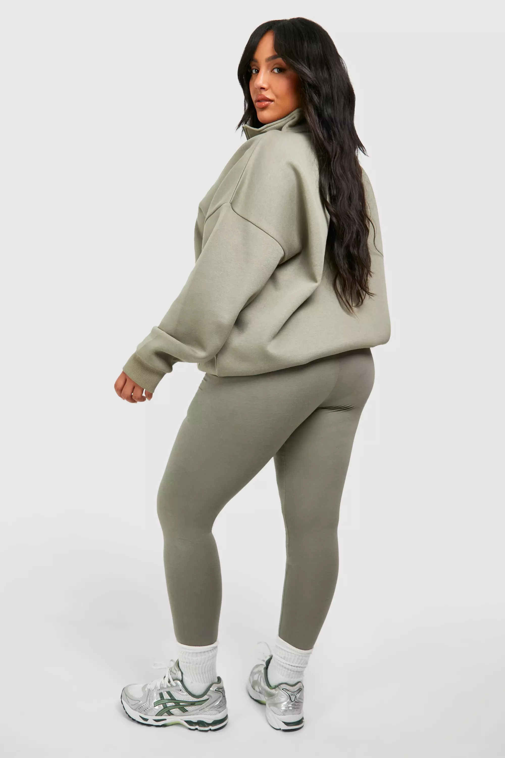 Washed khaki Plus Oversized Half Zip And Legging Set صورة بديلة