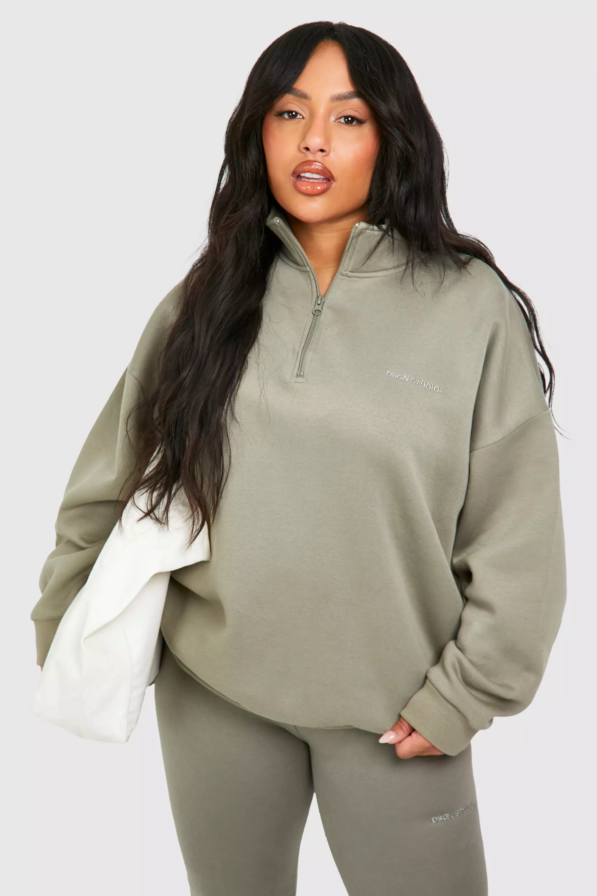 Washed khaki Plus Oversized Half Zip And Legging Set صورة بديلة