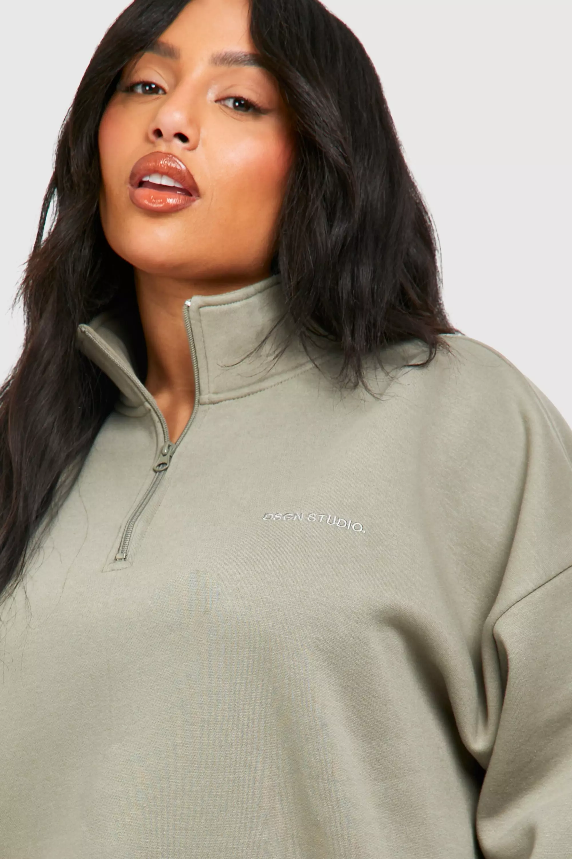 Washed khaki Plus Oversized Half Zip And Legging Set صورة بديلة
