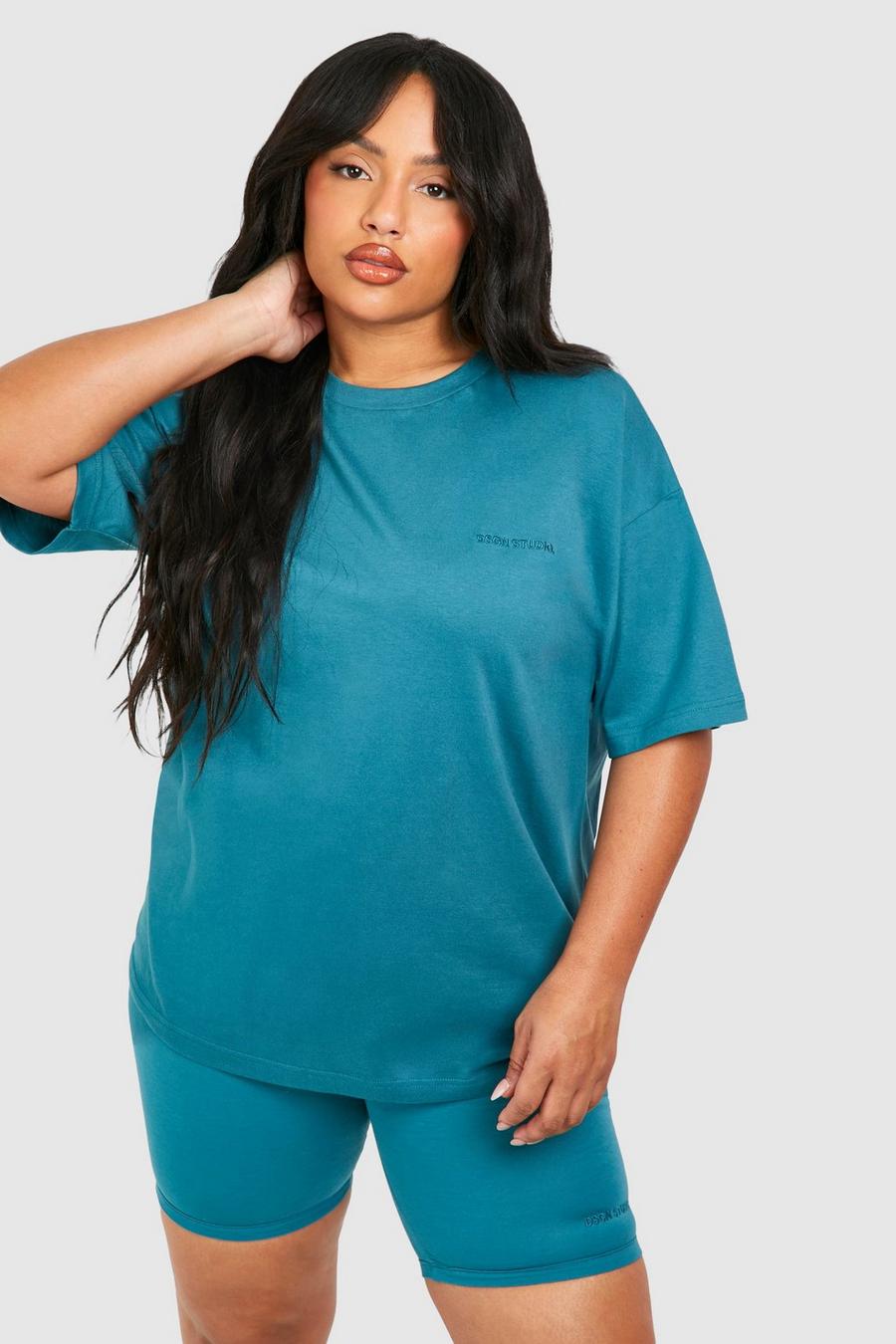 Teal Plus Cotton Oversized T-shirt And Cycling Short Set image number 1