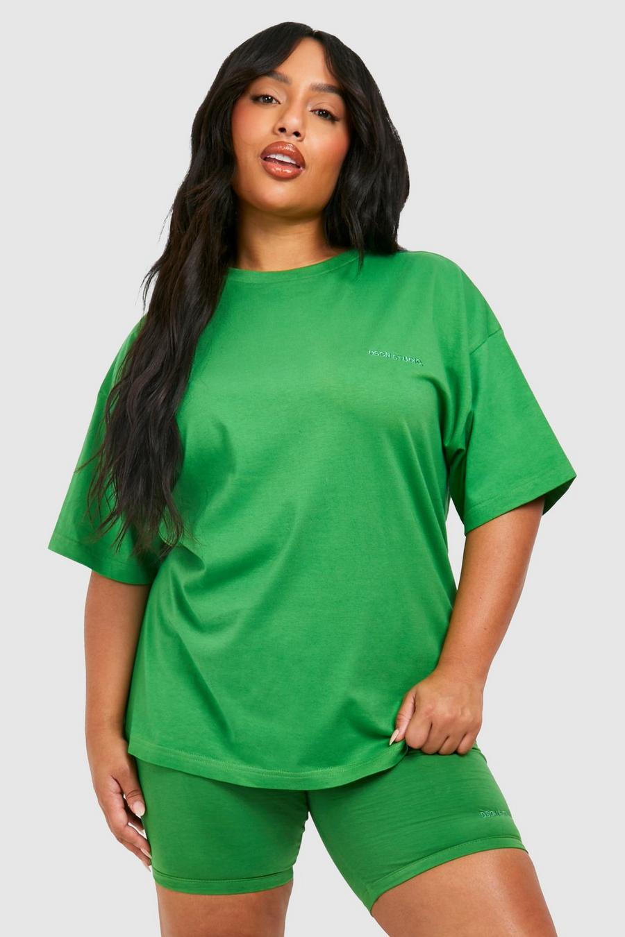 Set Plus Size T-shirt oversize in cotone & pantaloncini da ciclista, Green