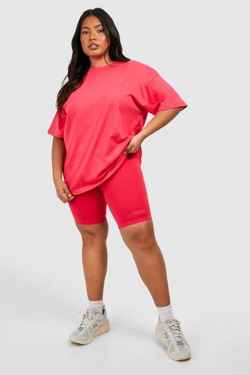 Plus Cotton Oversized T-shirt And Cycling Short Set pink