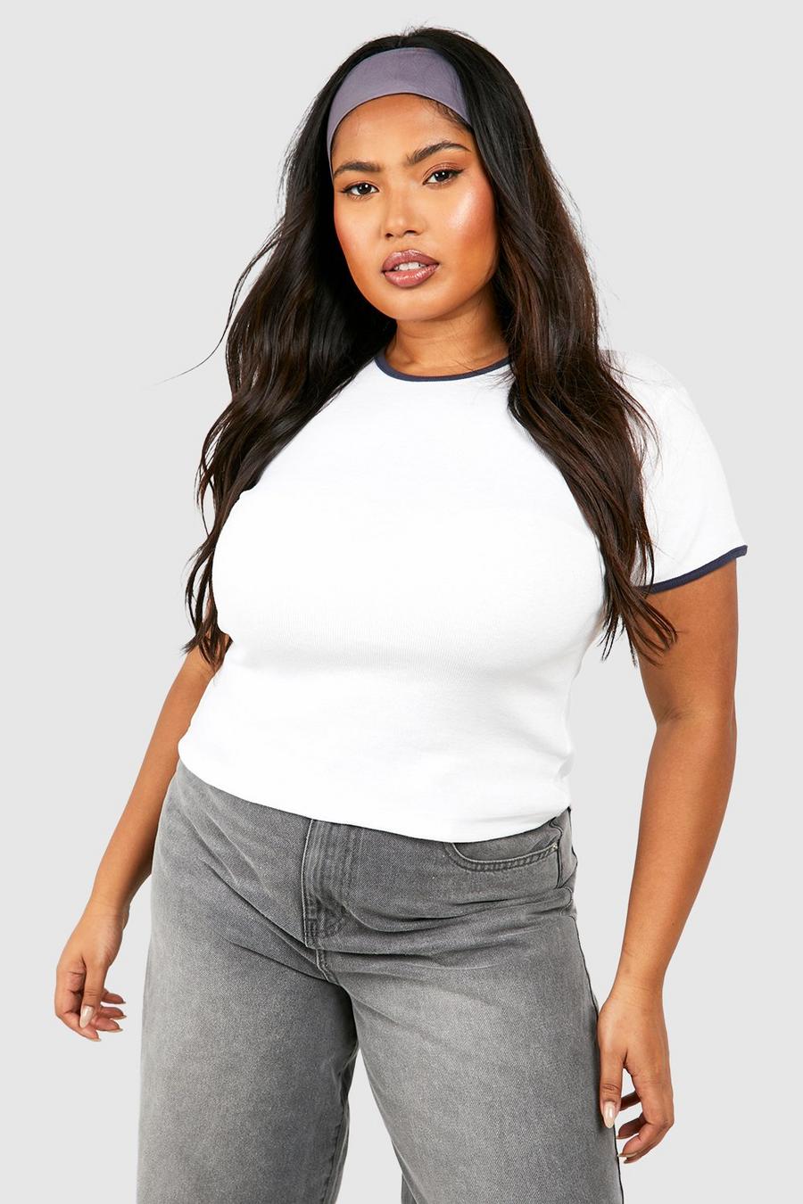 White Plus Contrast Binding Crew Neck Top image number 1