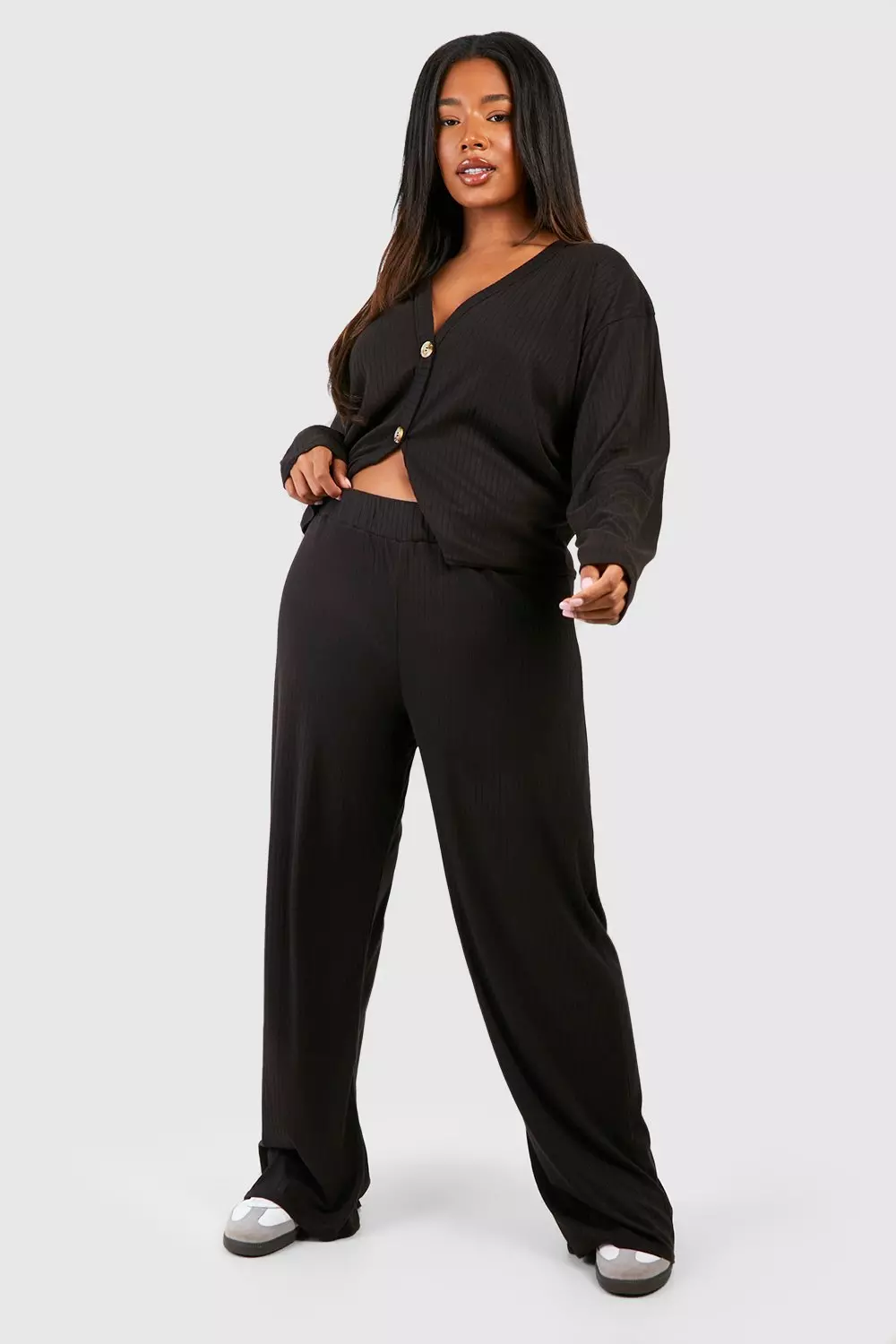 Black Plus Soft Rib Cardigan And Trouser Set alternative image
