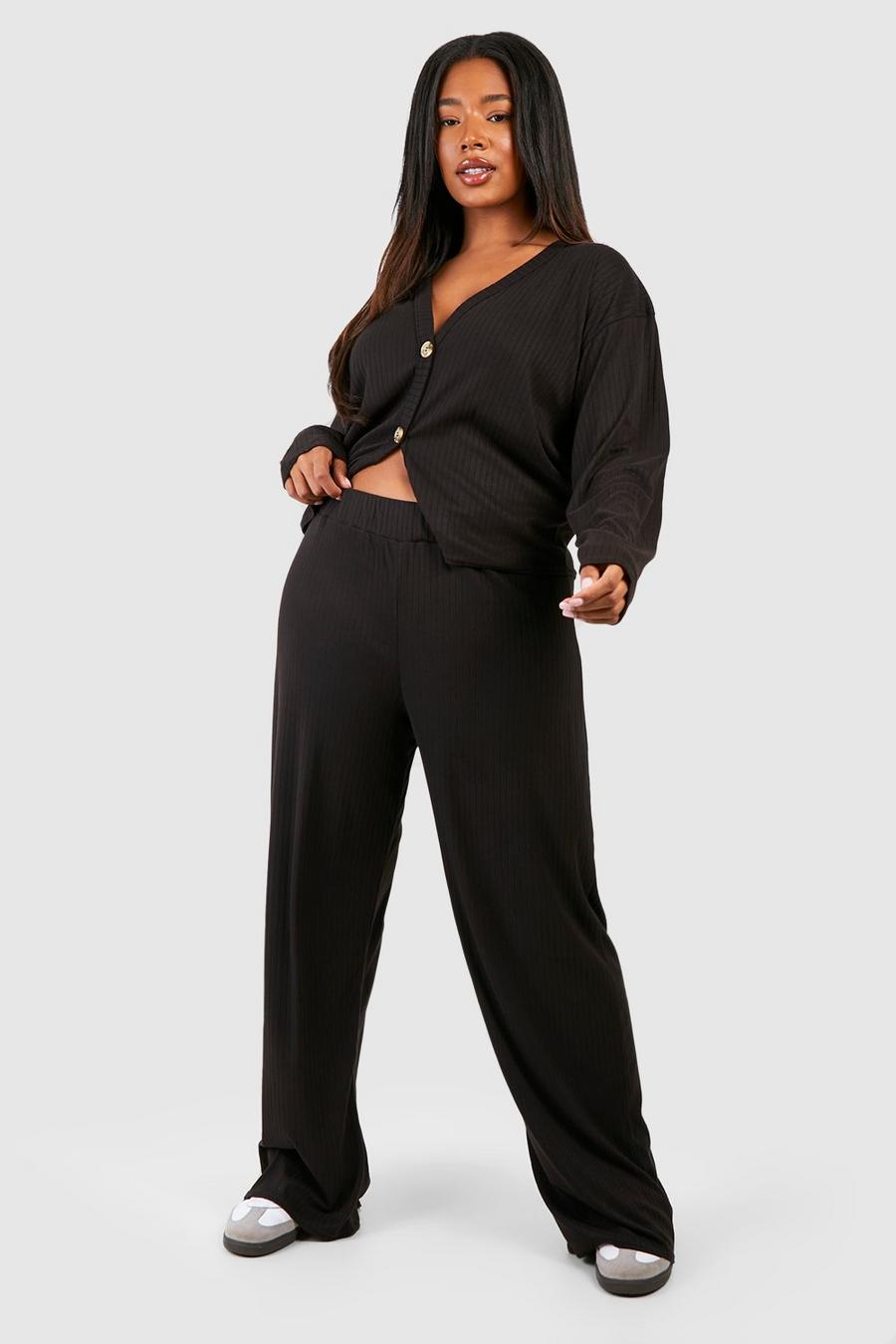 Black Plus Soft Rib Cardigan And Woven Trouser Set image number 1