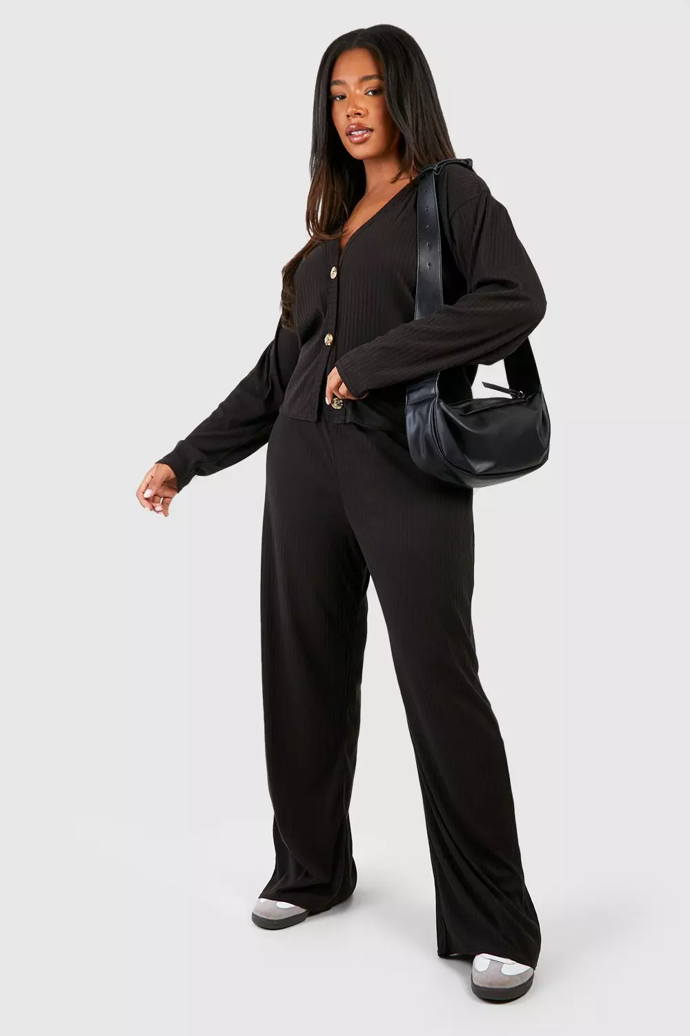 Black Plus Soft Rib Cardigan And Trouser Set alternative image