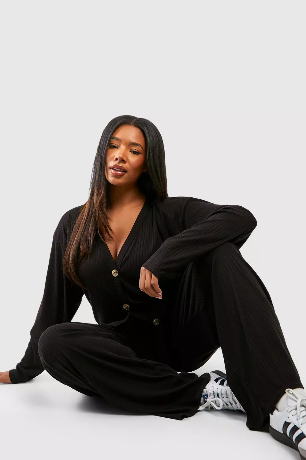 Black Plus Soft Rib Cardigan And Trouser Set alternative image