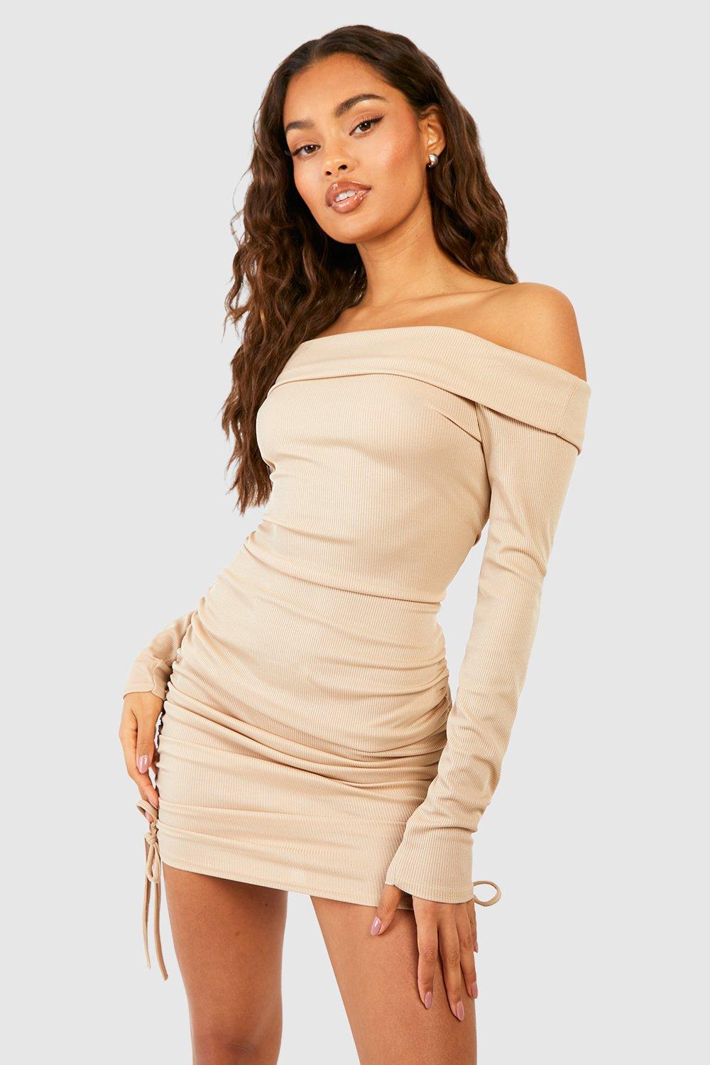 Off The Shoulder Ruched Long Sleeve Ribbed Mini Dress | boohoo USA