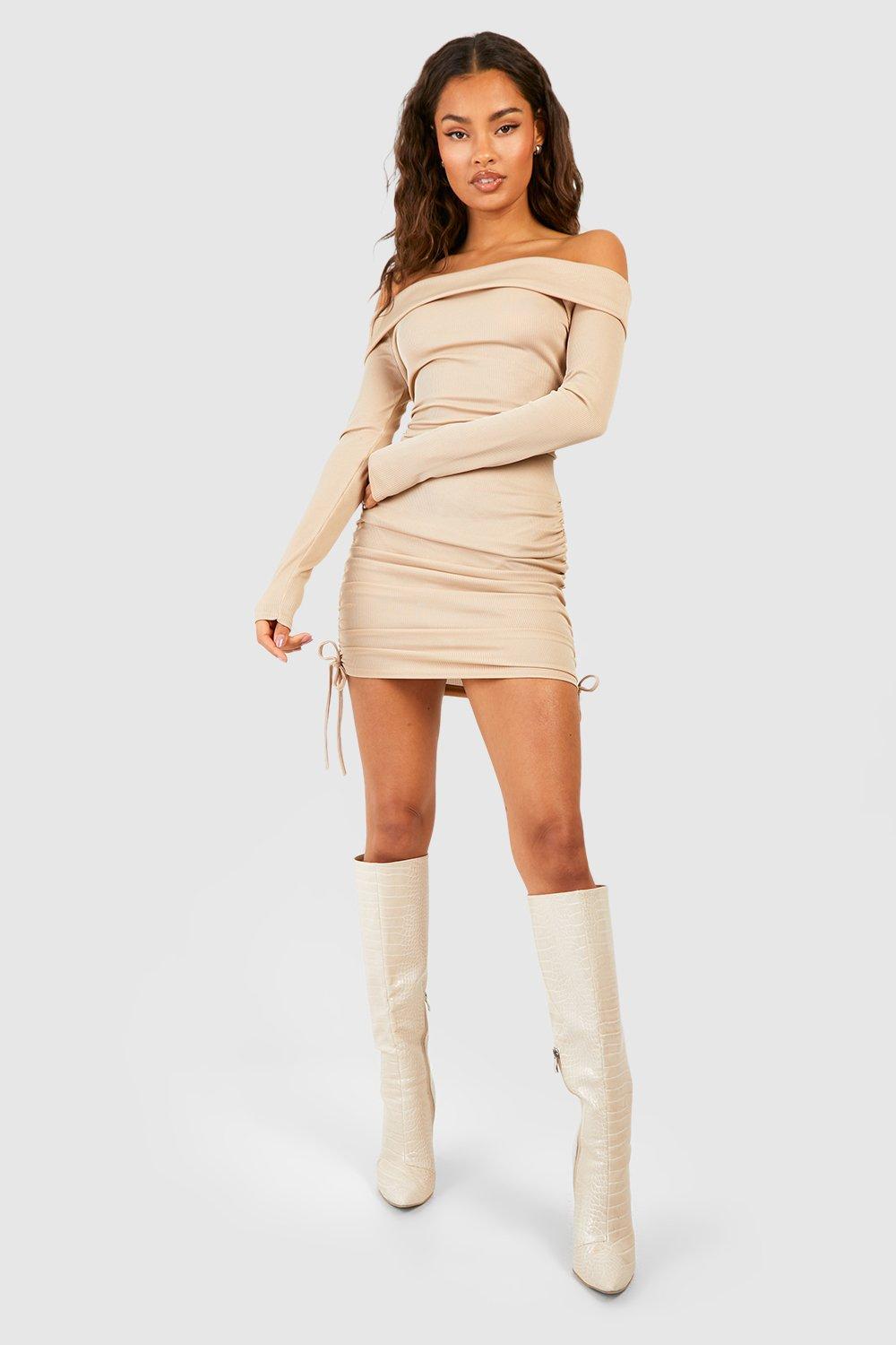 Bardot Ruched Long Sleeve Ribbed Mini Dress | boohoo