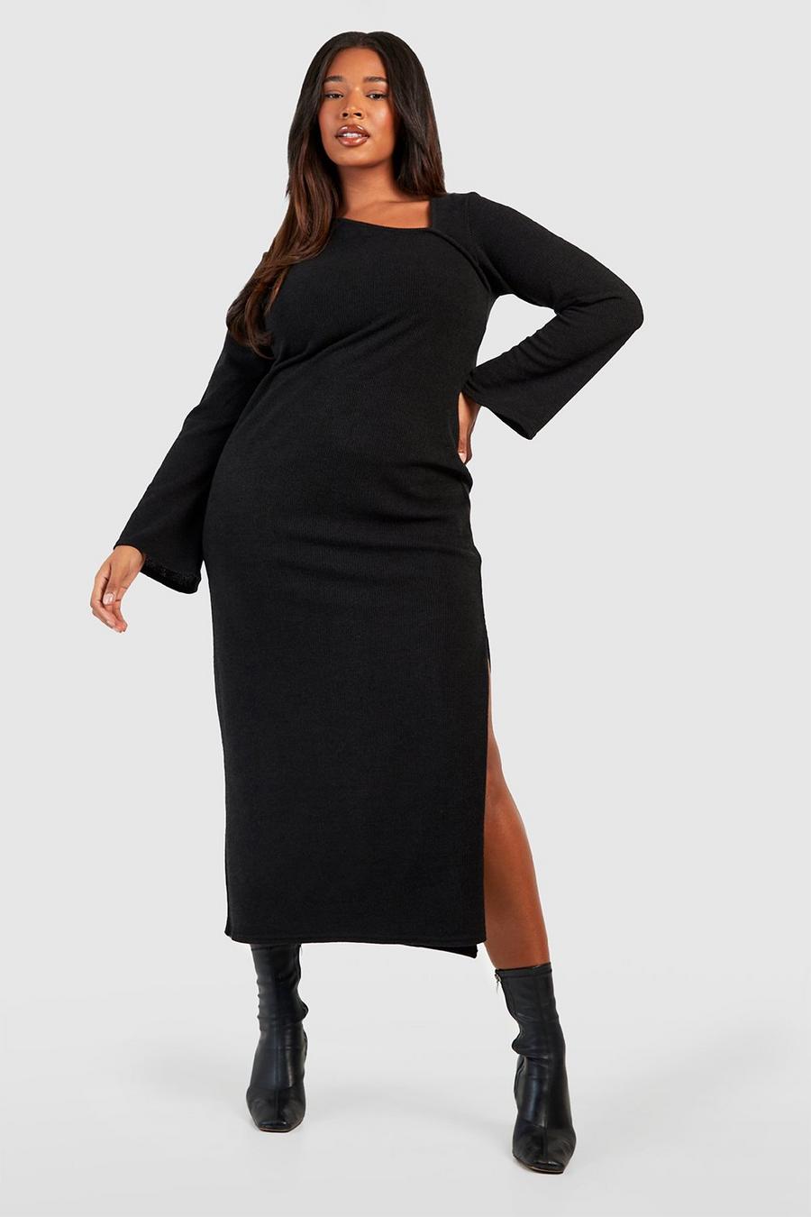 Black Plus Knitted Asymmetic Split Midaxi Dress  image number 1