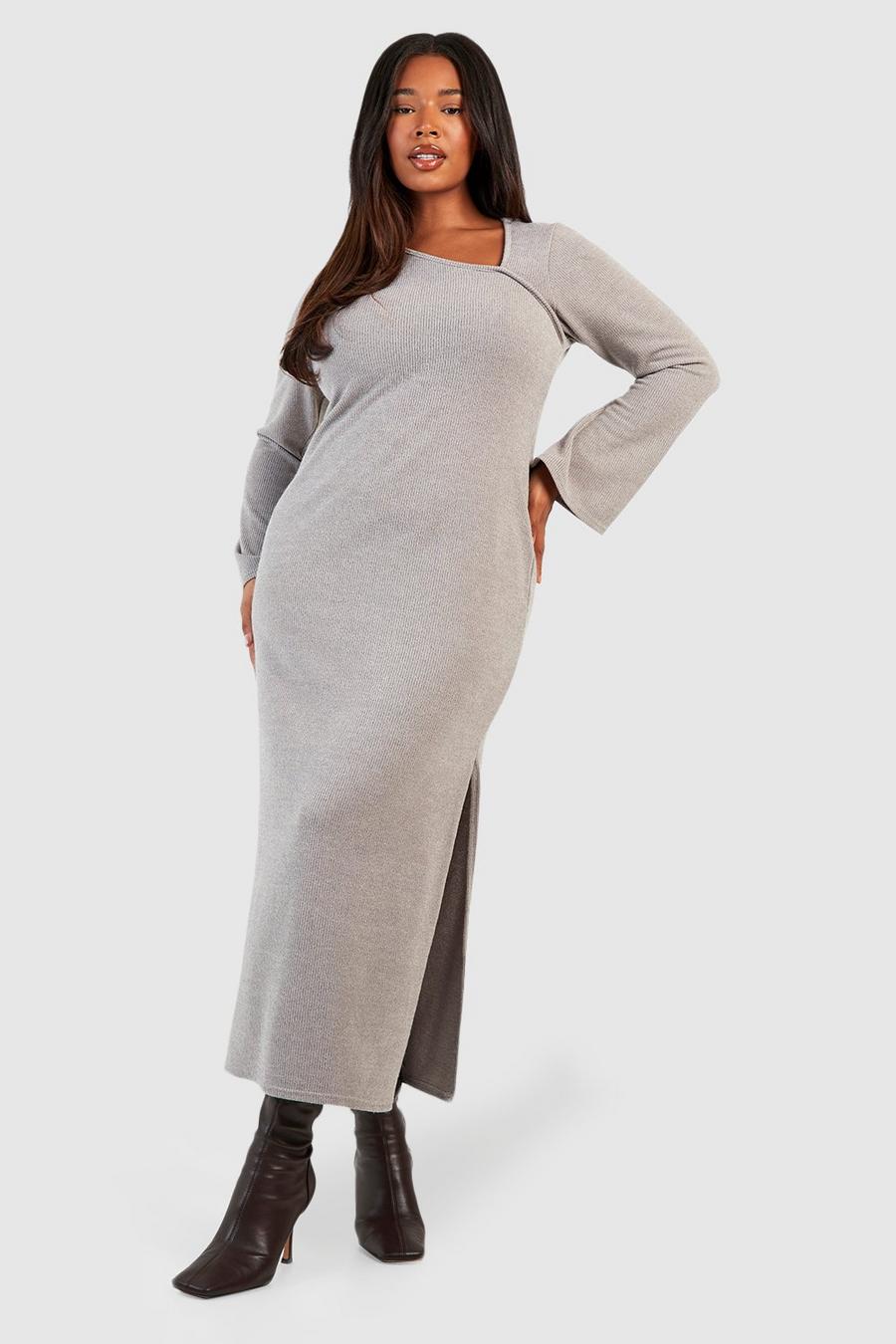 Grey Plus Knitted Asymmetic Split Midi Dress image number 1