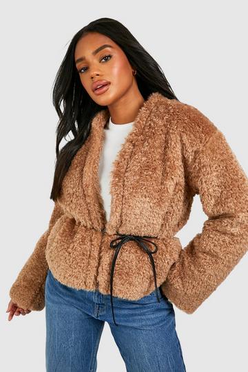 Teddy Faux Fur Belt Detail Crop Jacket mushroom