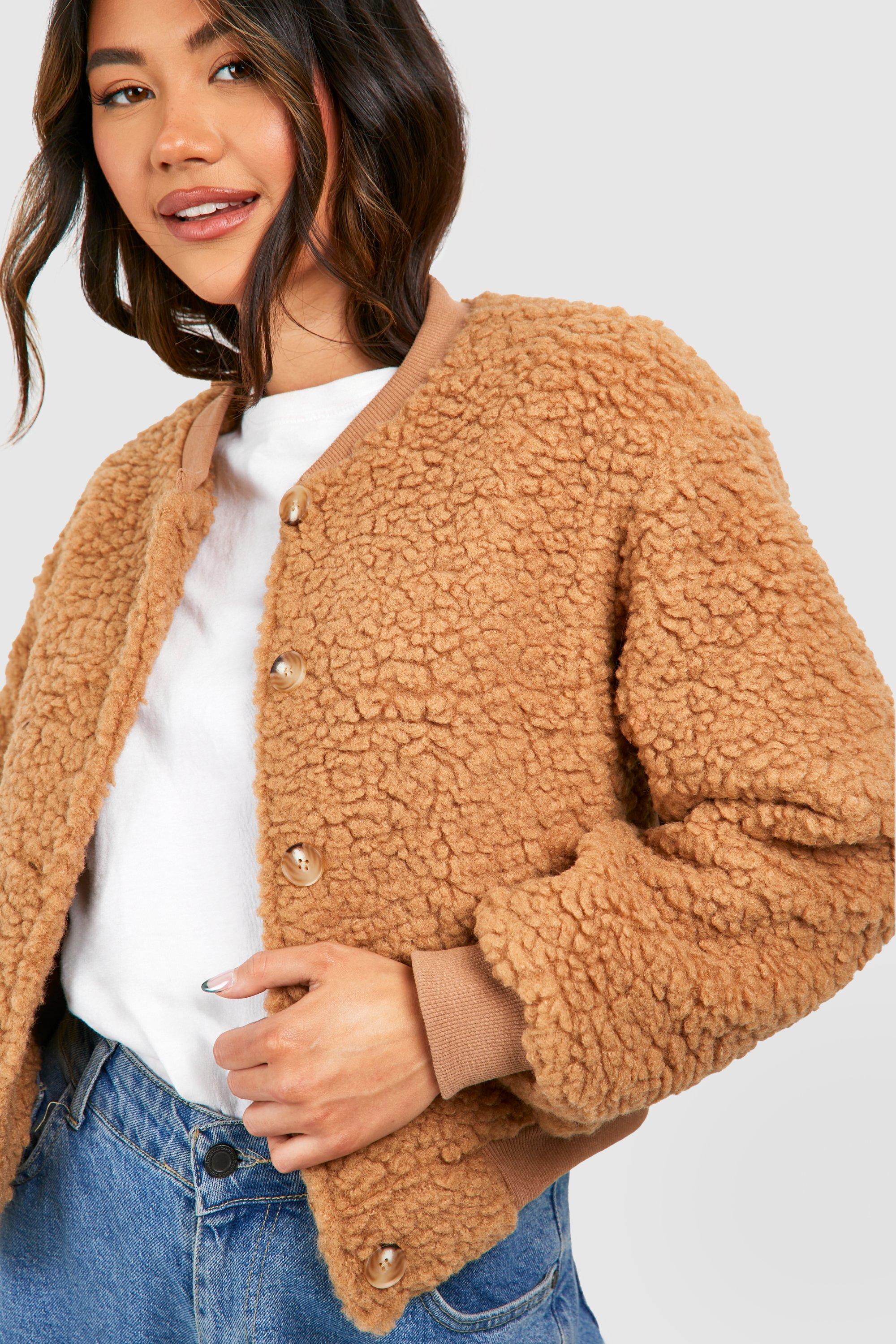 Camel teddy outlet fur bomber jacket