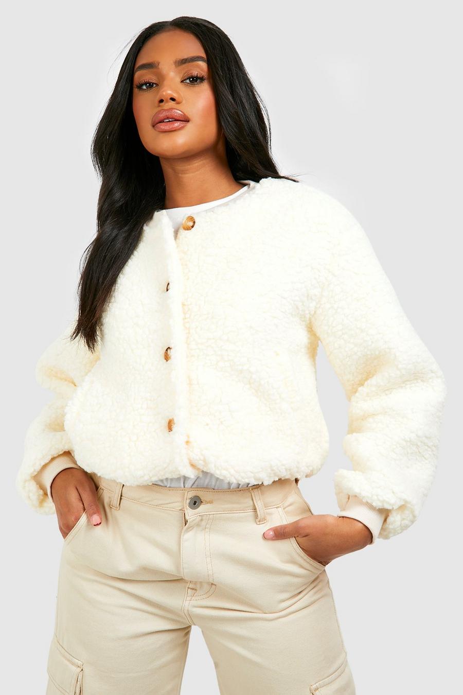 Off white Teddy Faux Fur Bomber Jacket image number 1