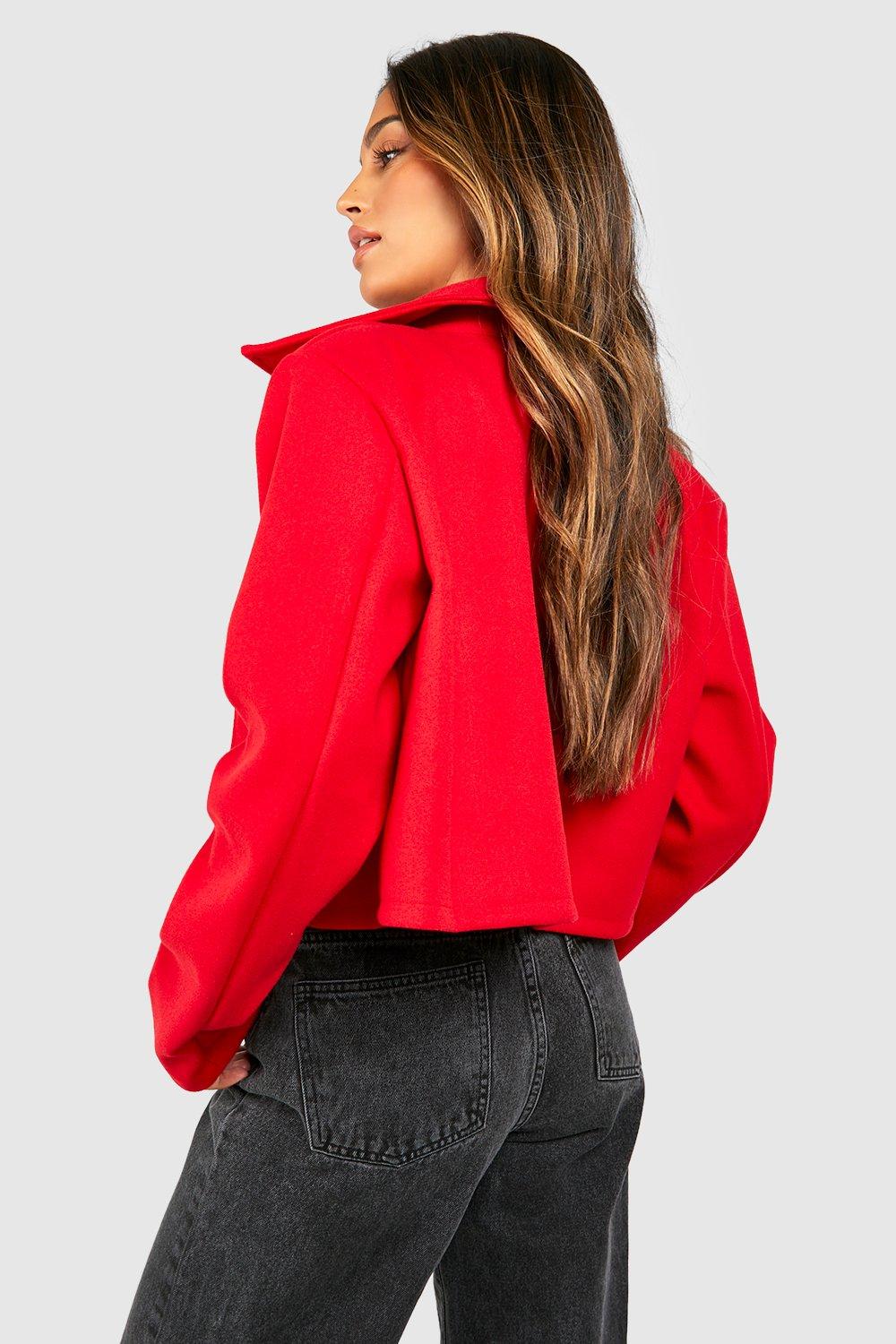 Oversized high collar wool coat in red