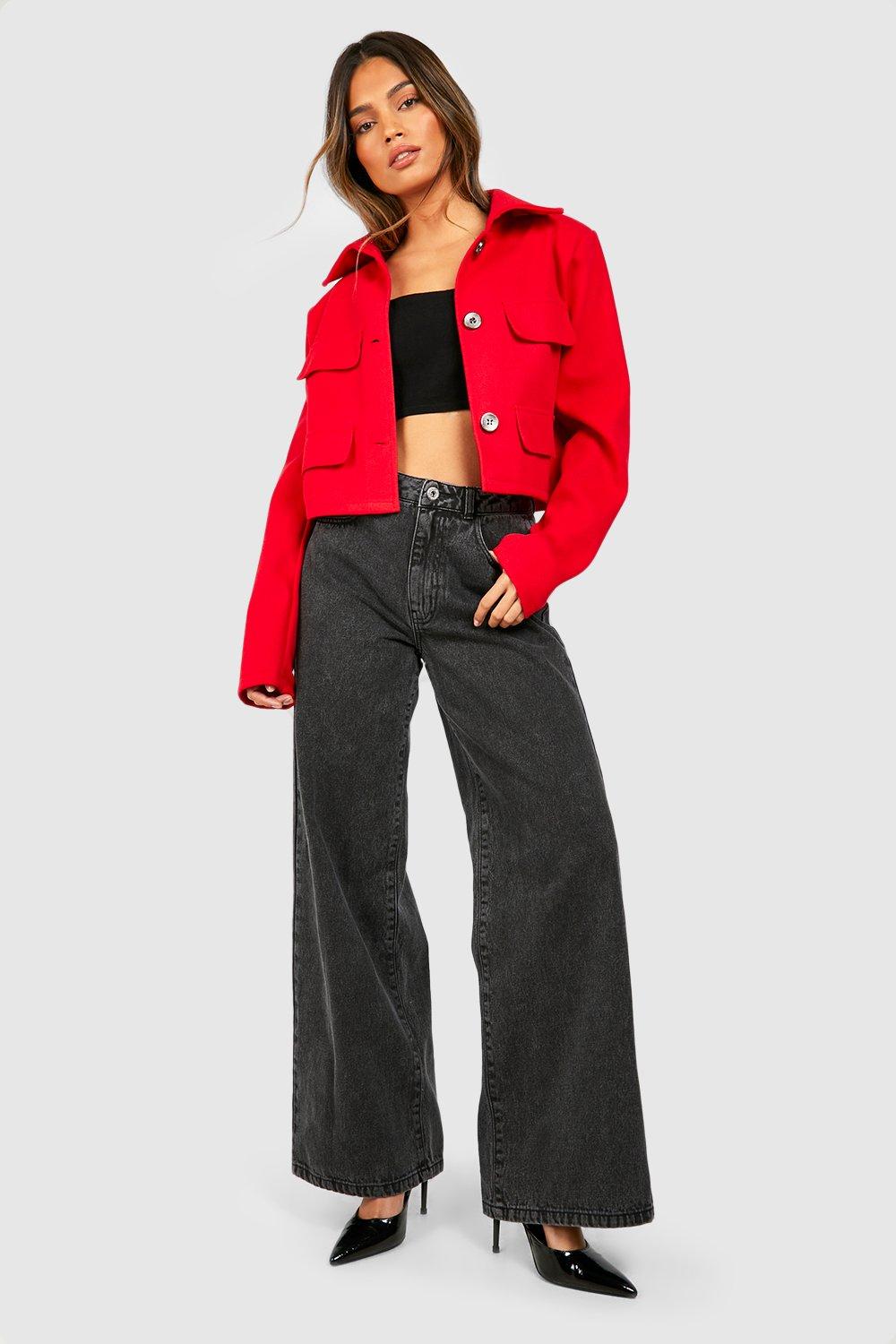 Red denim hot sale jacket boohoo