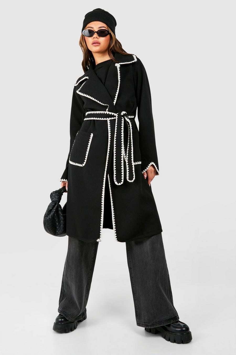 Black Contrast Blanket Stitch Detail Belted Wool Look Coat  image number 1
