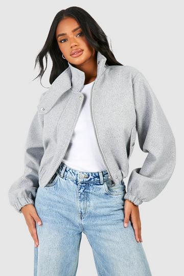 Grey Neck Detail Wool Look Bomber Jacket