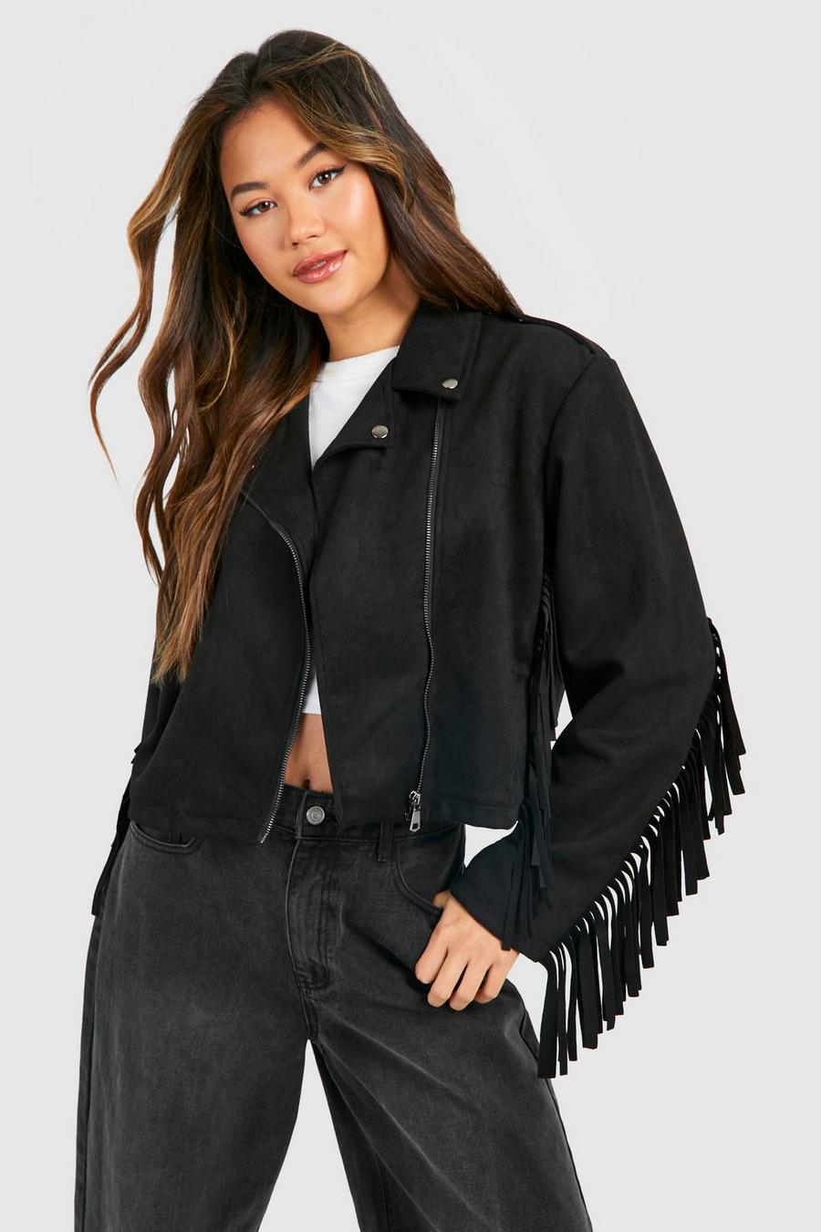 Tassel Detail Faux Suede Biker Jacket, Black