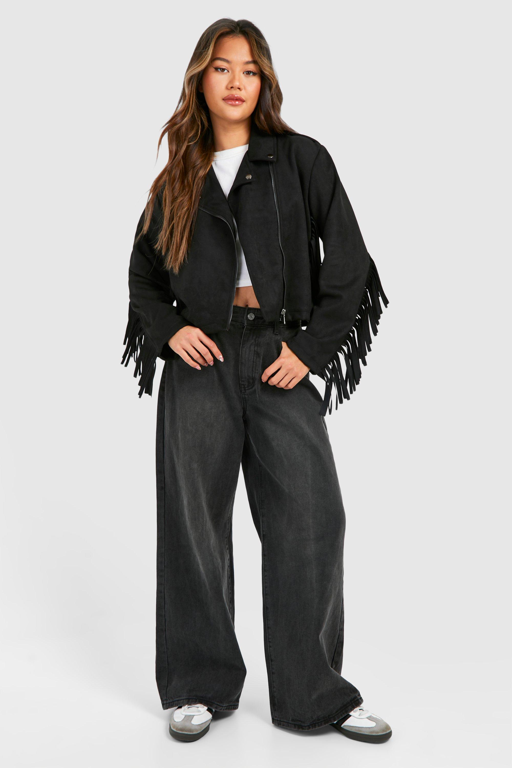 Boohoo Women s Tassel Detail Faux Suede Biker Jacket Black
