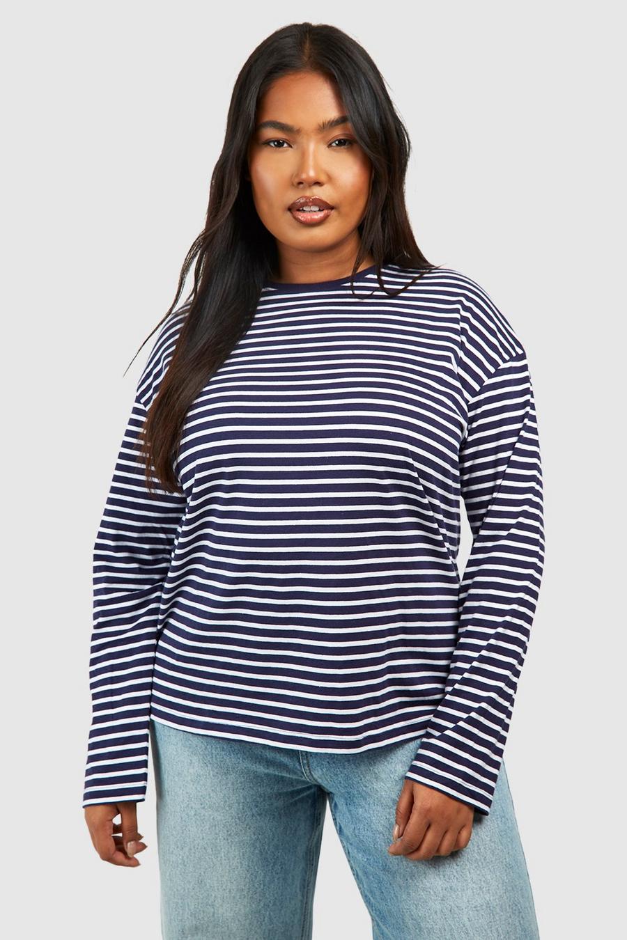 Top Plus Size a maniche lunghe a righe, Navy image number 1