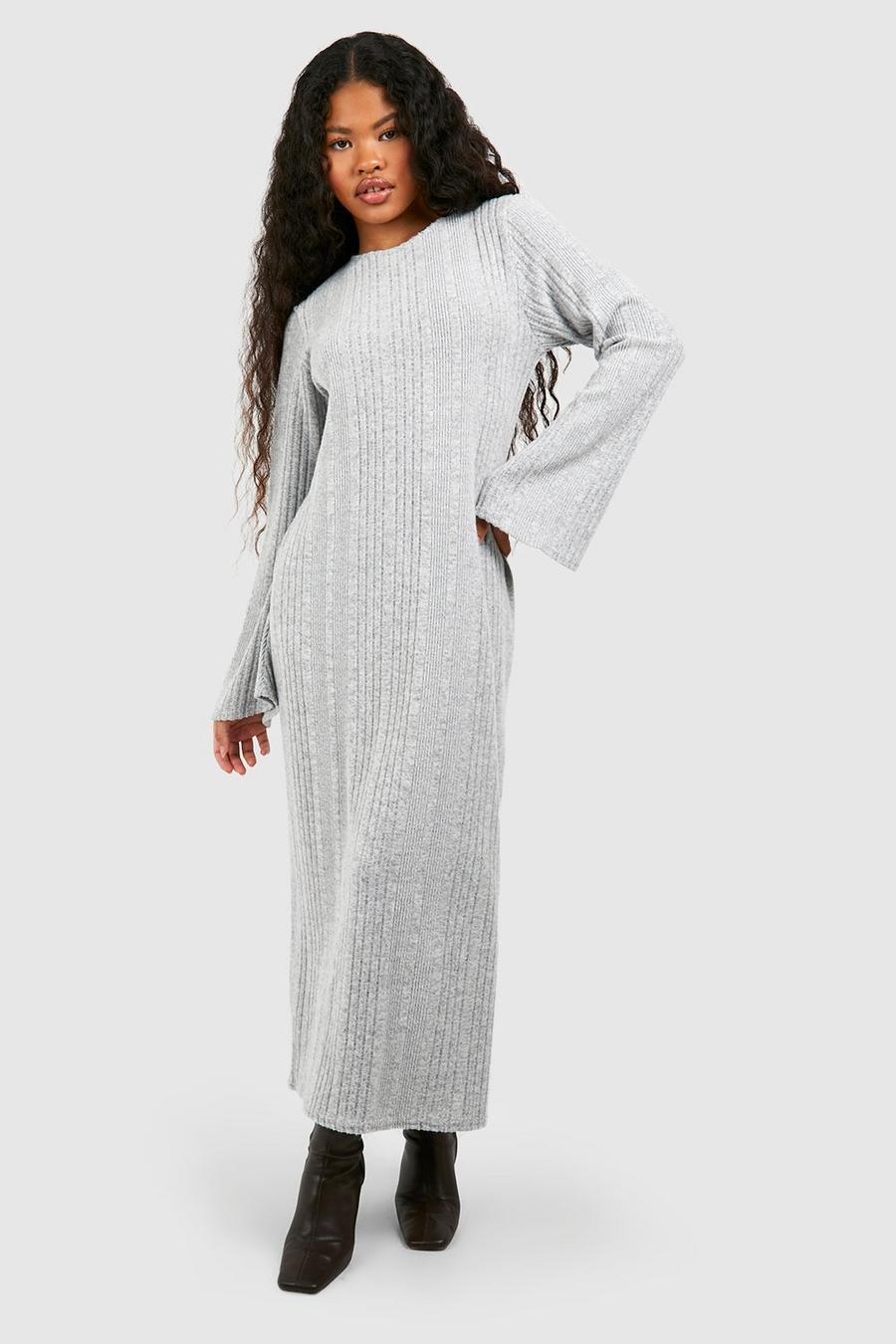 Grey Petite Flare Sleeve Soft Textured Rib Midi Dress image number 1