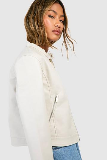 Cream White Faux Leather Fitted Jacket