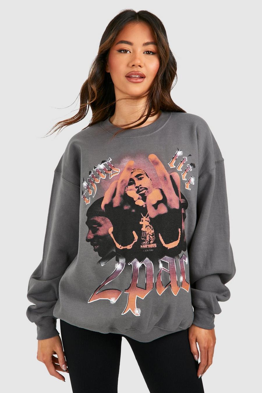Oversize Sweatshirt mit lizenziertem 2 Pac Print, Charcoal