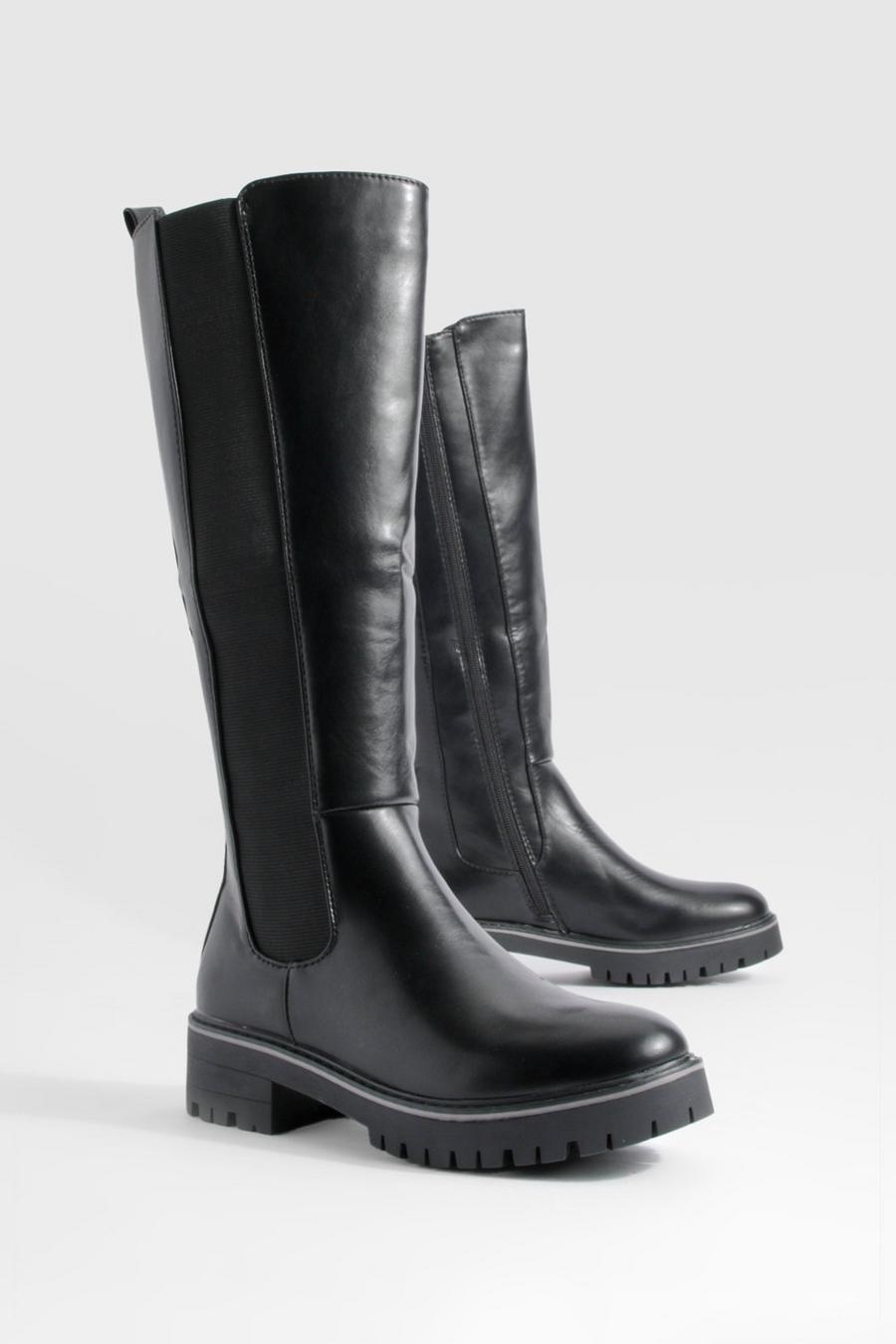 Black Chunky Knee High Elastic Panel Boots   