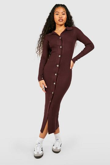 Chocolate Brown Petite Button Detail Collared Dress