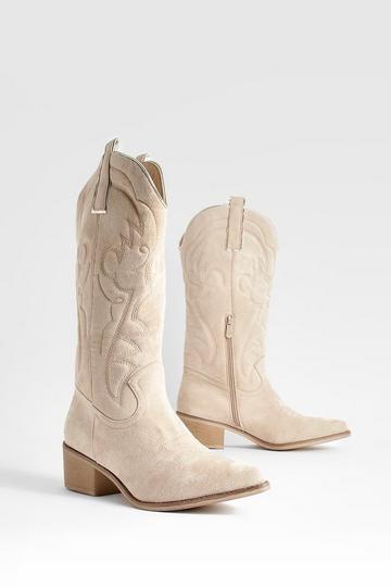 Embroidered Detail Western Boots Happy taupe