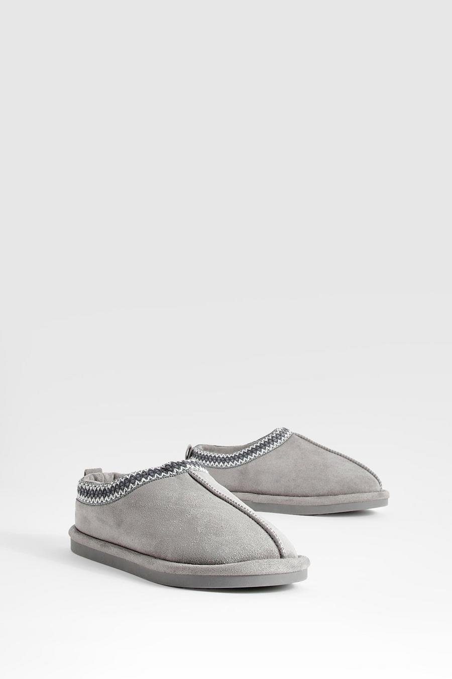 Grey Embroidered Slip On Cosy Mules image number 1
