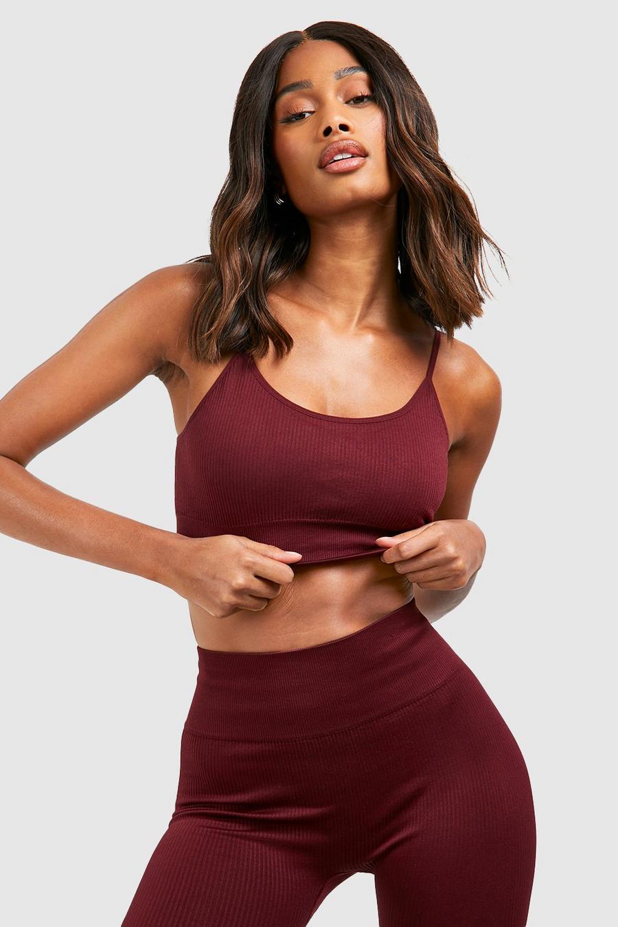 Burgundy Seamless Rib Double Layer Crop Top image number 1