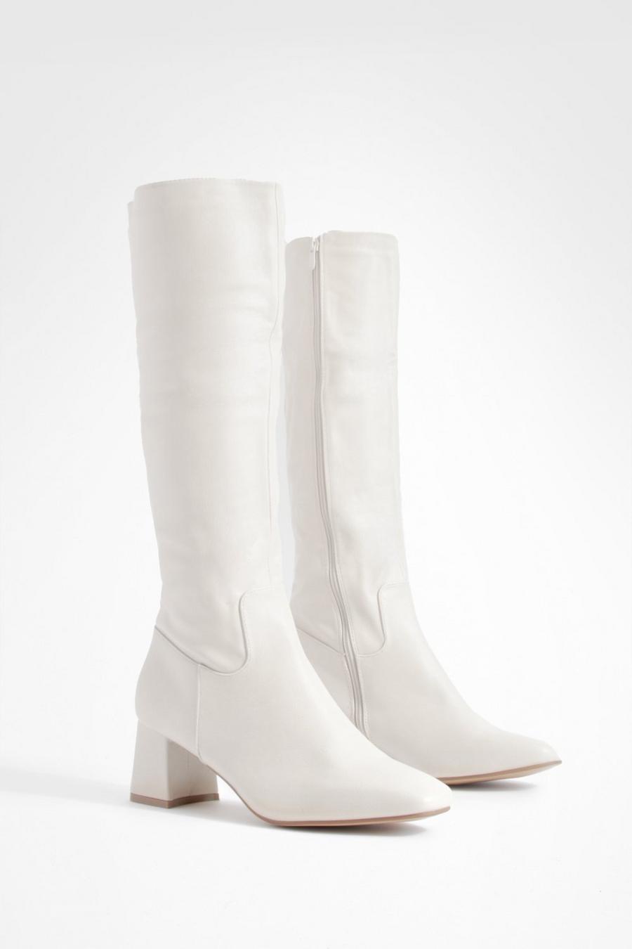 Cream bianco Block Heel Knee High Boots 