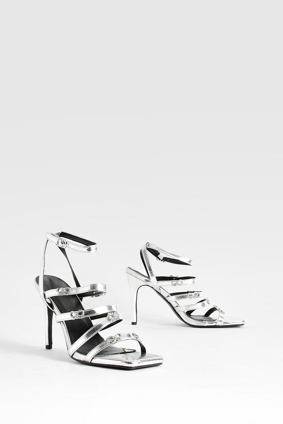 Silver Diamante Bow Detail Multi Strap Heels image number 1