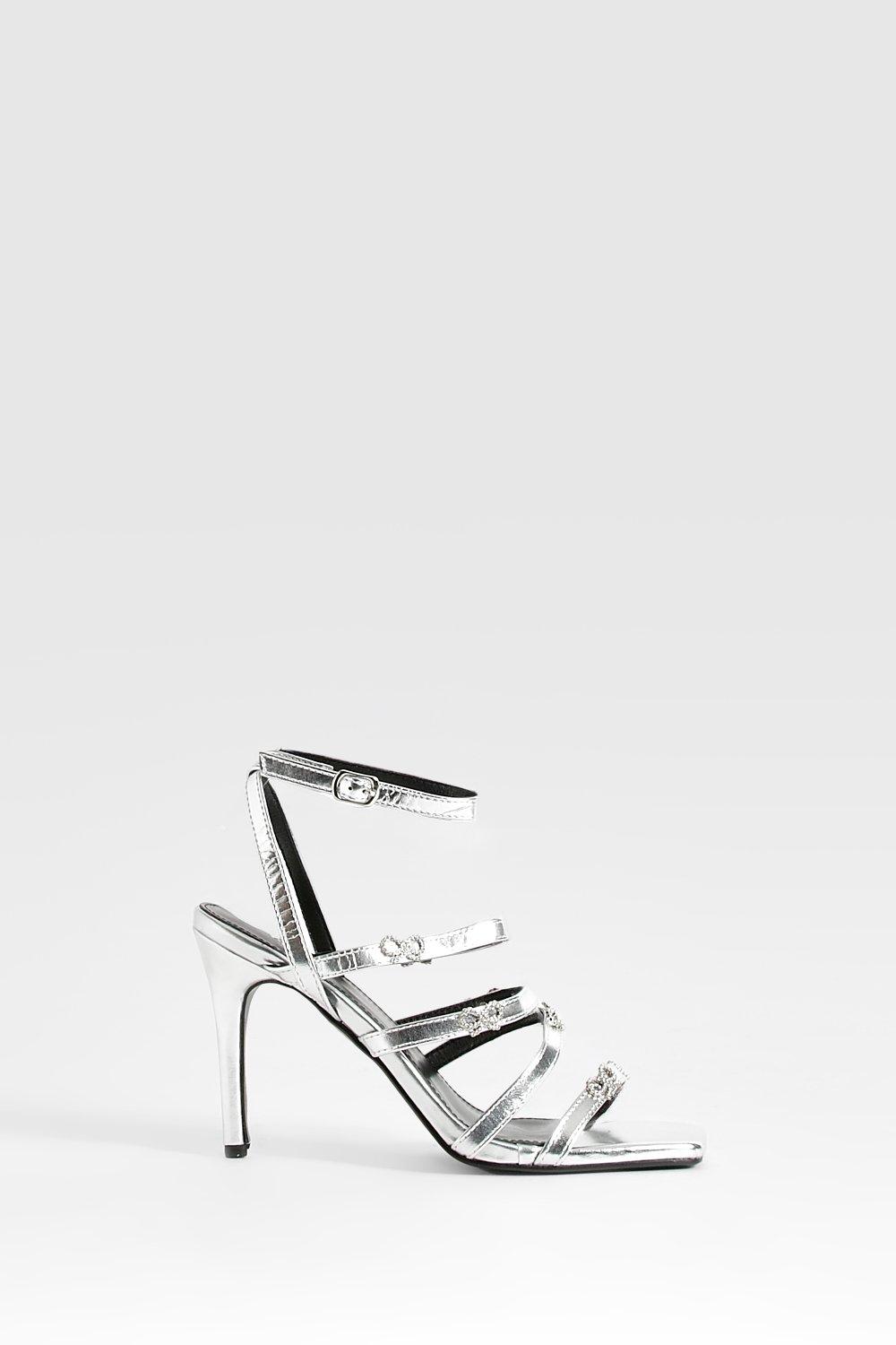 3 strap hot sale silver heels