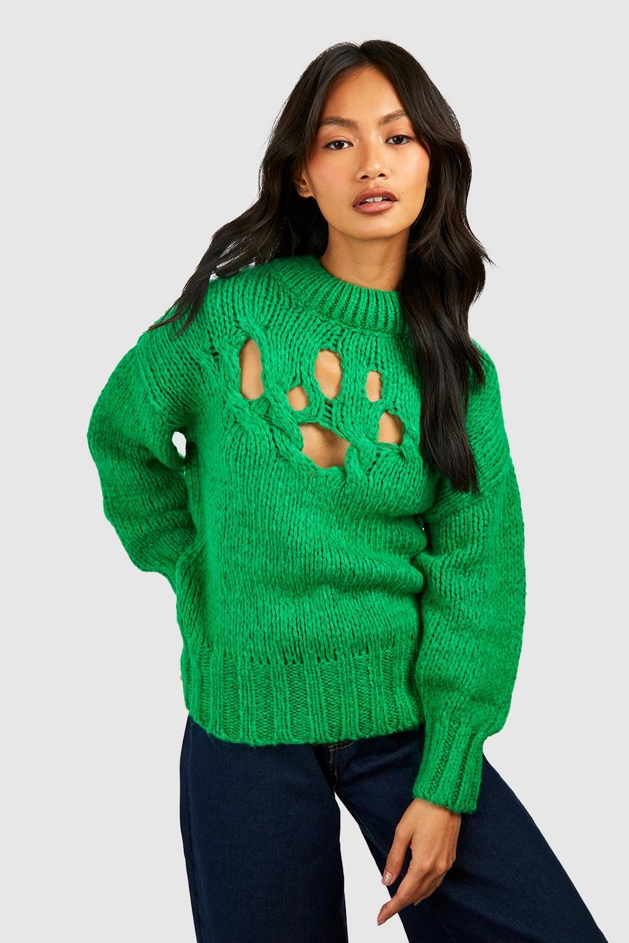 Green Open Crochet Soft Knit Sweater image number 1