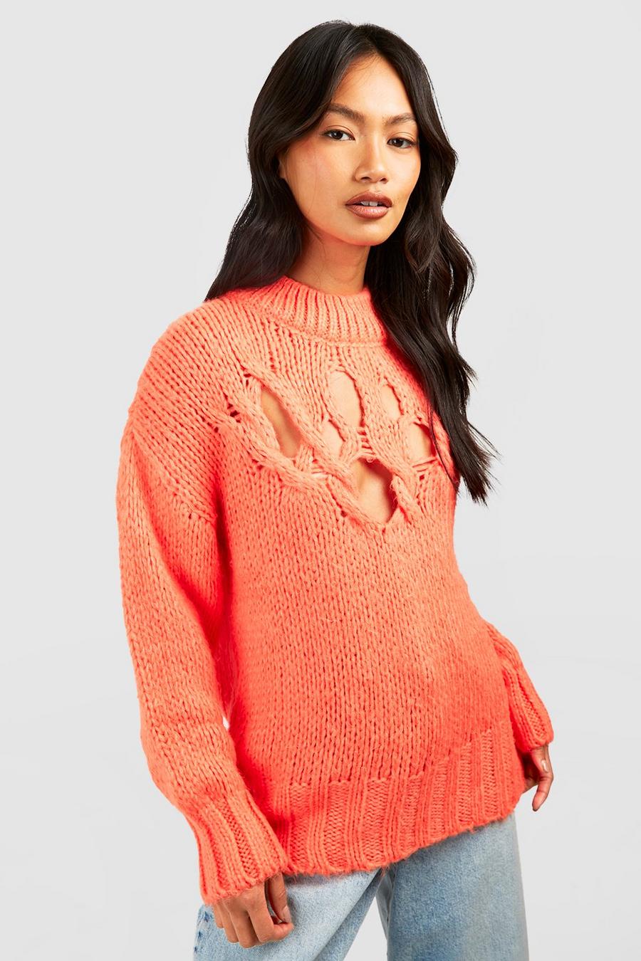 Orange Open Crochet Soft Knit Sweater image number 1