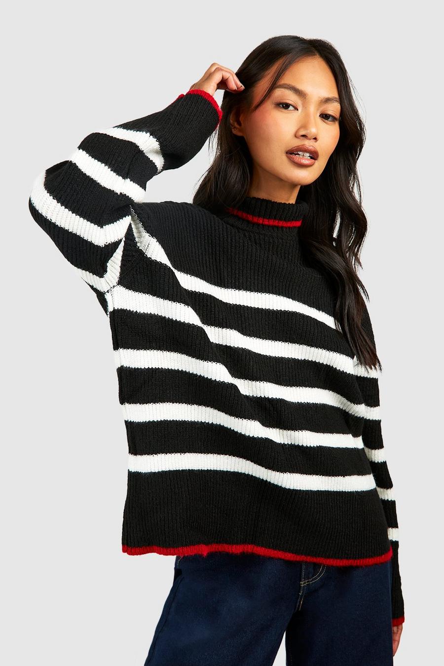 Black Contrast Trim High Neck Stripe Sweater image number 1